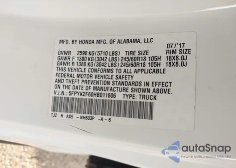 2017 Honda Ridgeline Rtl-T from USA, damaged, VIN 5FPYK2F60HB011606